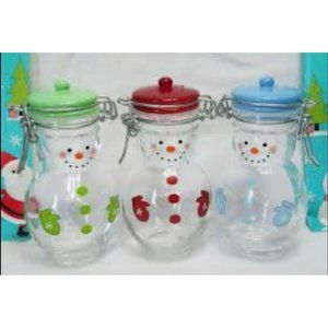 Snowmen, Small Glass Jars With Flip Wire Lids (Red, Green, Blue)